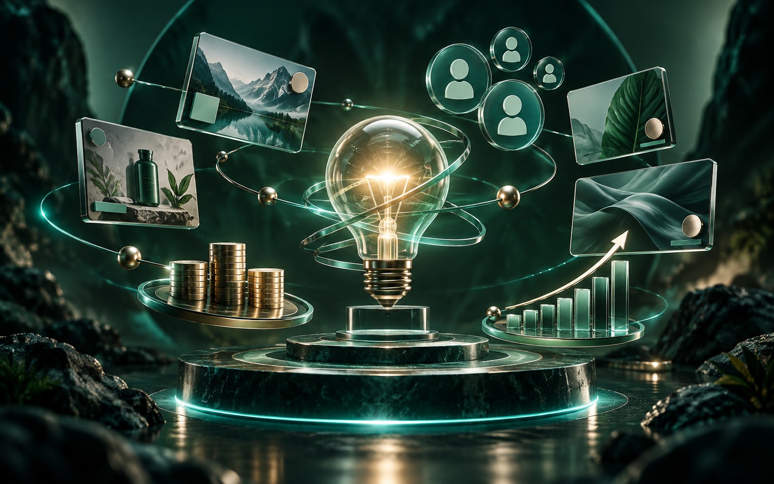 Three dimensional campaign planning scene with creative, audience, and budget visuals