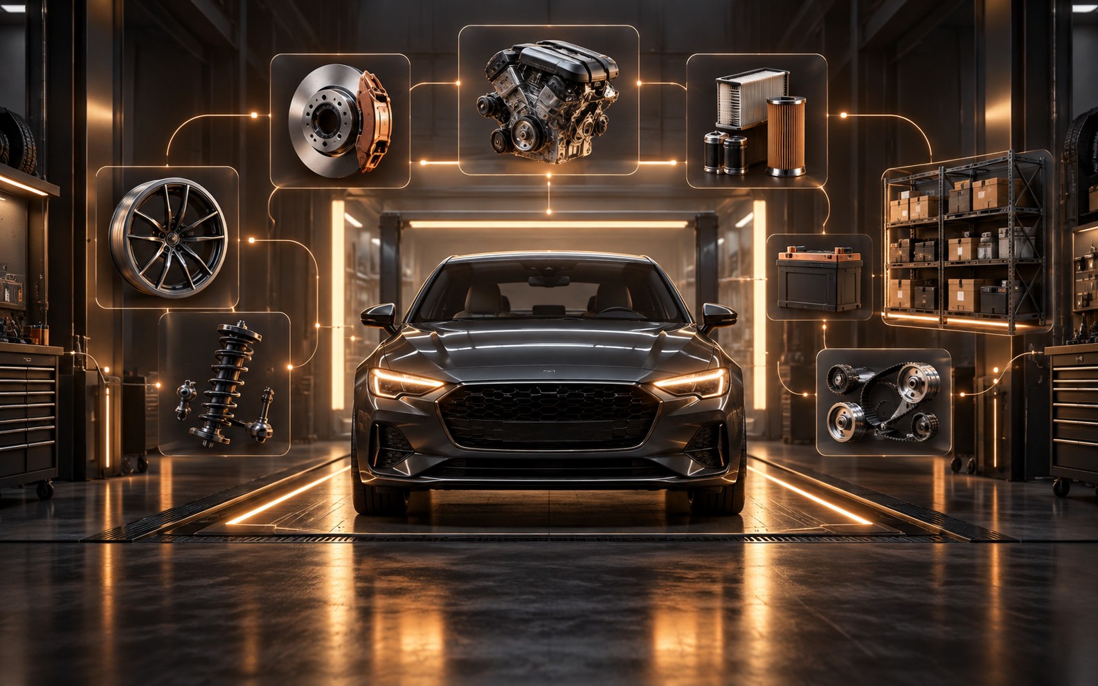 Automotive workshop with vehicle, spare parts, and inventory visualizations