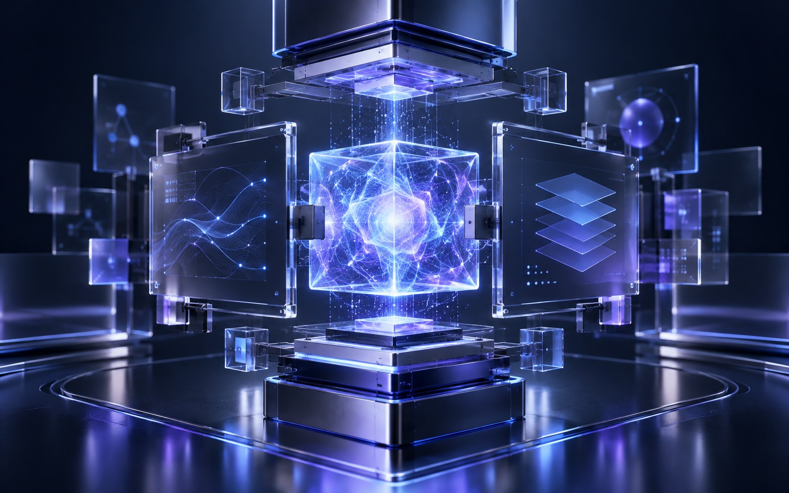 Three dimensional AI core surrounded by modular software interfaces